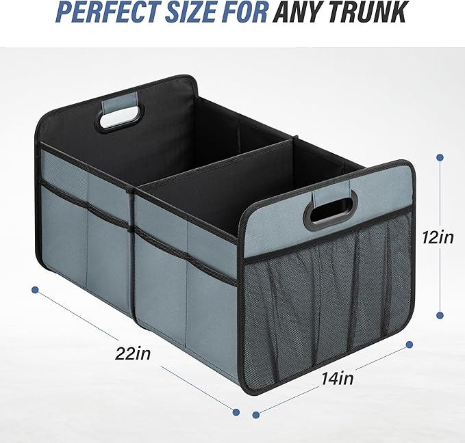 Simple Deluxe Car Trunk Organizer, 2 Compartments Collapsible Trunk Storage for SUV & Truck, Anti-slip Design, Made of Waterproof 600D Oxford Polyester, Standard Size, Grey-Green