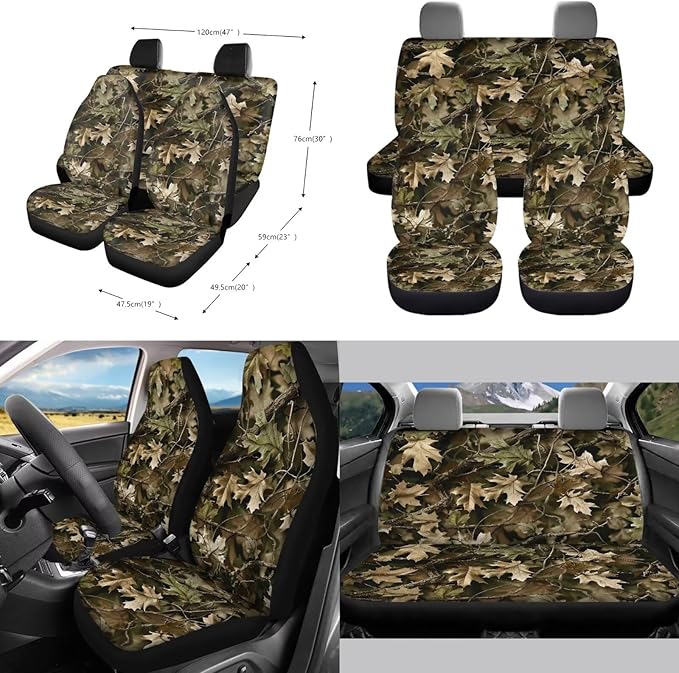 10 Piece Car Seat Cover Sets for Women and Men, Camouflage Hunting Printed Car Front and Back Seat Protector Steering Wheel Cover Trash Can Air Vent Storage Bag Wristlet Keychain