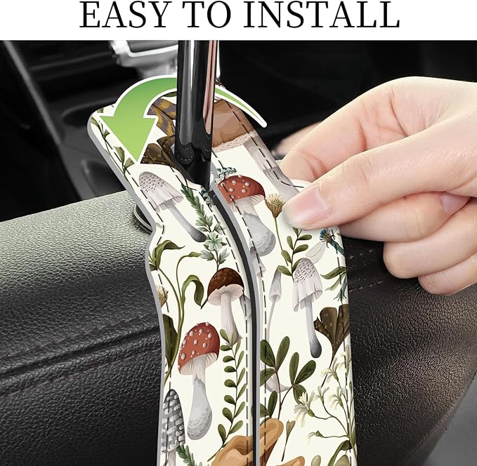 AXRQLSU PU Leather Car Seat Hook, Storage Headrest Hanger, Cute Car Backseat Organizer, Car Hooks for Purses and Bags Mushroom Forest Pattern
