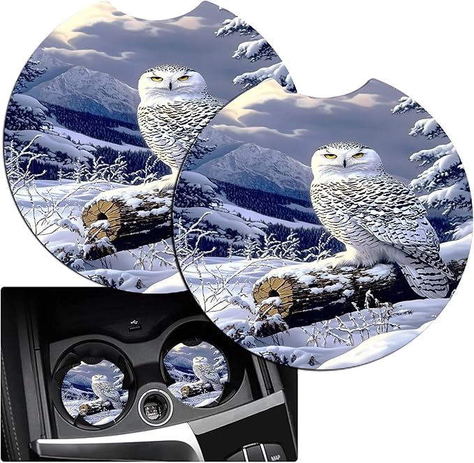 JANENFNA Car Armrest Cover Pads Universal Fashion Cute Auto Center Console Armrest Cover Pad with 2PCS Car Coasters Soft Waterproof Car Armrest Seat Protector for Women,Snowy Owl