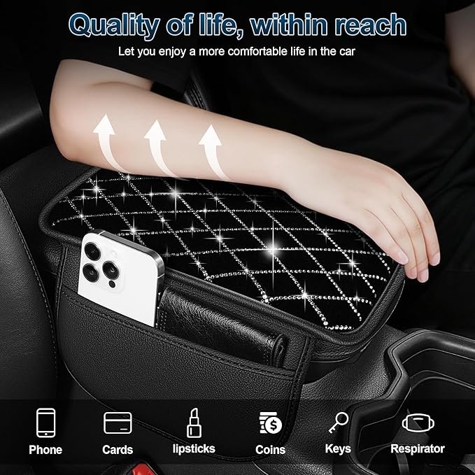 Center Console Cover Fit for CTS: Upgraded Bling Diamond Car Armrest Cover - Crystal Rhinestone Car Center Console Cover with 2 Storage Bags,Anti-Scratch Auto Armrest Pad Accessory （Black