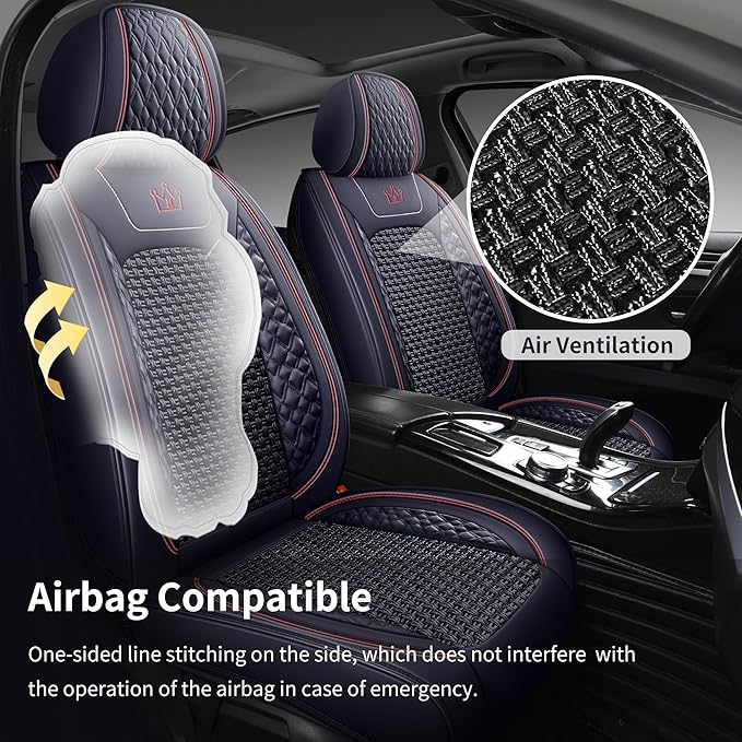 HighnessHwoo Luxury Car Seat Covers Full Set, Breathable Faux Leather Car Seat Protector, Dog Child Kids Summer Ventilated Seat Cushion for Front & Back Seats, Universal, Black, Full Set 5 Seats