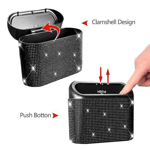 NBTEPEM Bling Car Trash Can with Lid - 2 Pack, Mini Auto Garbage Can with 60 Trash Bags, Automotive Garbage Container Bin, Bling Car Accessories Trash Can for Women (Black Diamond)