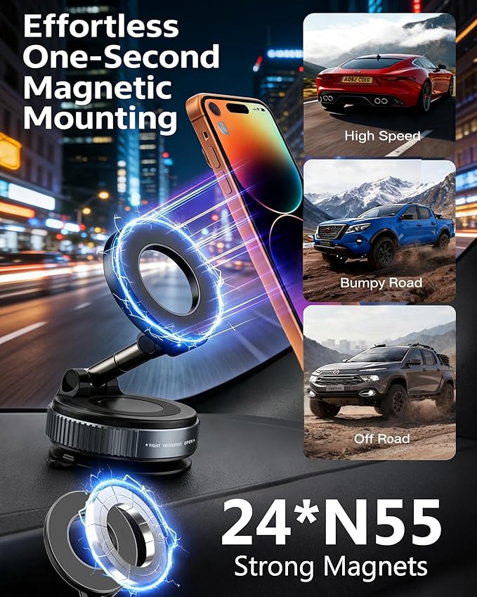 Vacuum Magnetic Phone Holder for Car,2800gf Strong Magnetic Phone Mount,360° Adjustable & Reinforced Suction Cup for Dashboard/Mirror,Car Phone Holder Compatible with iPhone Androi（Deep Black）