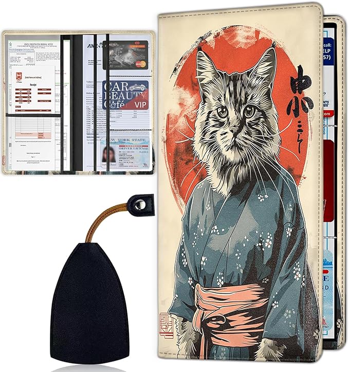 Car Registration and Insurance Card Holder for Women Men, Waterproof PU Leather Glove Box Car Organizer with Magnetic Shut, Vehicle Document Holder for Driver License,Cards, Cat Samurai Pattern