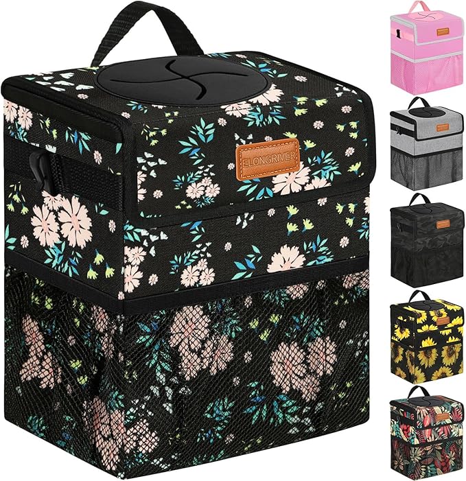 ELONGRIVER Car Trash Can Bin for Back Seat Leak Proof, Cute Car Trash Bag Hanging, Vehicle Trash Can for SUV Truck Van, Automotive Garbage Cans Front Seat Colorful Floral