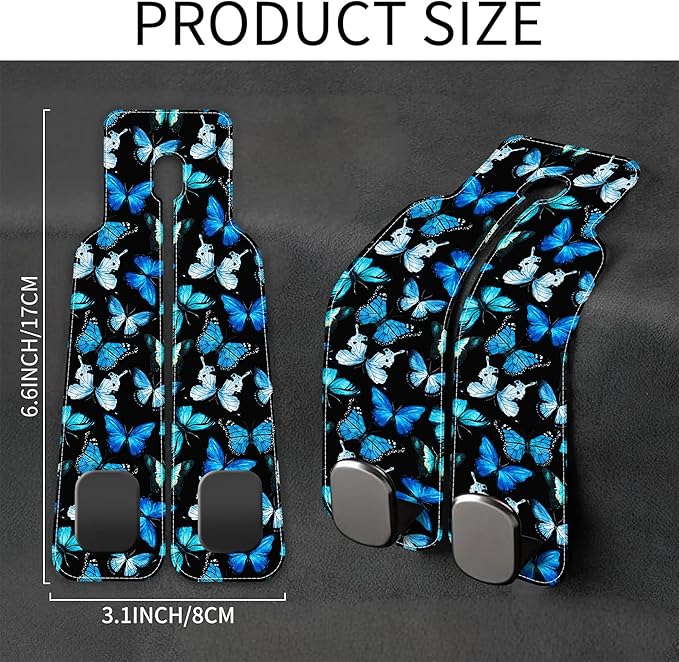 Purse Hook for Car Watercolor Blue Butterflies 1 Pack Headrest Back Seat Hook Premium Leather Double Metal Hanger Storage Pack Bag Purse Holder Car Interior Accessories
