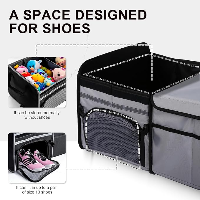 Bold Color Block Trunk Organizer | 95L, 35"x13.8"x11.8" | Dedicated Shoe Storage & 26L Ice Pack | Foldable for SUV/Car/Jeep | Car Accessories for Men & Women - Gray-X212