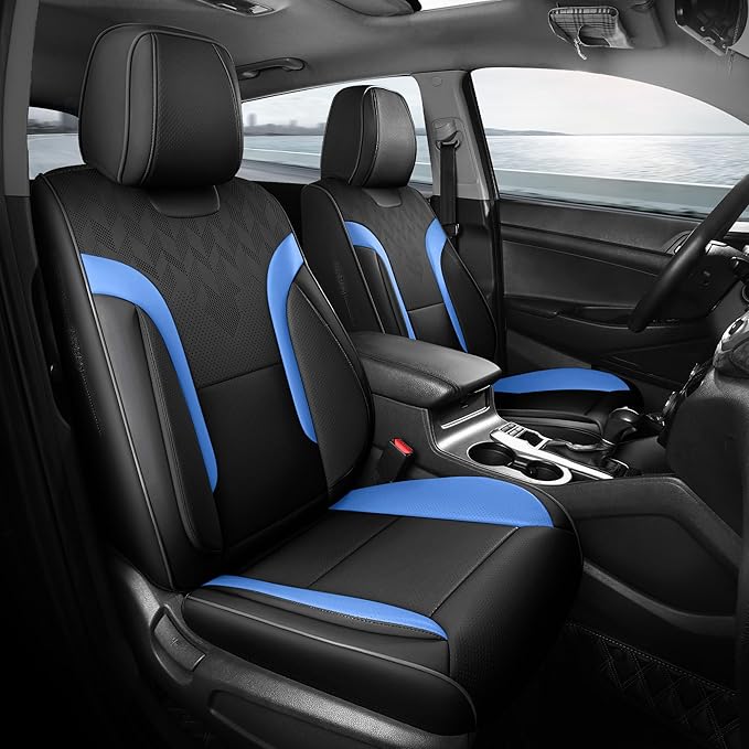 FEINEPRO Black and Blue Car Seat Covers Only Front 2pc - Breathable Faux Leather Universal Seat Covers for Cars, Automotive Protector Fit for Most Sedan SUV Pick-up Truck