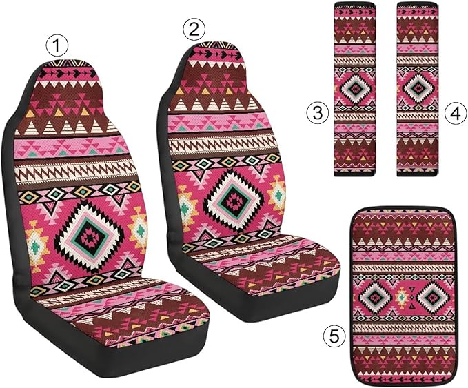 Qeluxign PU Leather Car Seat Covers Set - Pink Tribal Geometric-Includes 2 Seat Protectors, 2 Shoulder Pad Covers, 1 Armrest Cover for Car Decoration