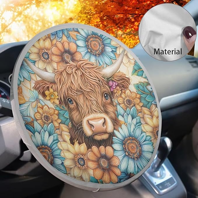 Sunflower Steering Wheel Sun Cover 17 Inch Highland Cow Car Rudder Shade Cover for Women Reflective Steering Wheel Cover Sun Block Gift for Friends