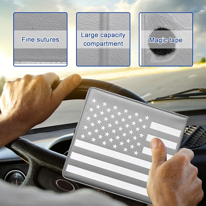 Ziciner Car Registration Insurance Holder, 2Pack Essential Auto Card Document Glove Box Organizer with Touch Fastener, Vehicle Interior Accessories Perfect for Most Car, Truck, SUV (Gray/Back Flag)