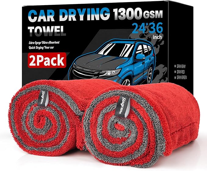 Singrune 2 Pack XL Car Drying Towel – 1300GSM Ultra Absorbent Microfiber, 24"x36" Large Size, Twisted Loop, Lint-Free & Streak-Free for Auto Detailing, Car, SUV, Truck(Gray-RED)