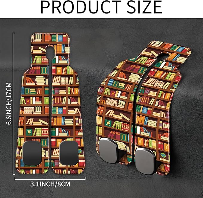 AEWNUNK Car Headrest Purse Hanger Vintage Library Book Shelf 1 Pack Bag Purse Holder for Car Premium Leather Double Metal Hook for Handbags, Grocery Bags and Phones