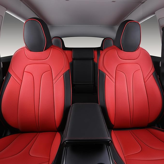 OURPLOT Custom Fit Seat Covers for 2020-2024 Tesla Model Y (5-Seater), Waterproof Nappa Leather, OEM Factory Style Full Set Car Seat Protectors Airbag Compatible - Red