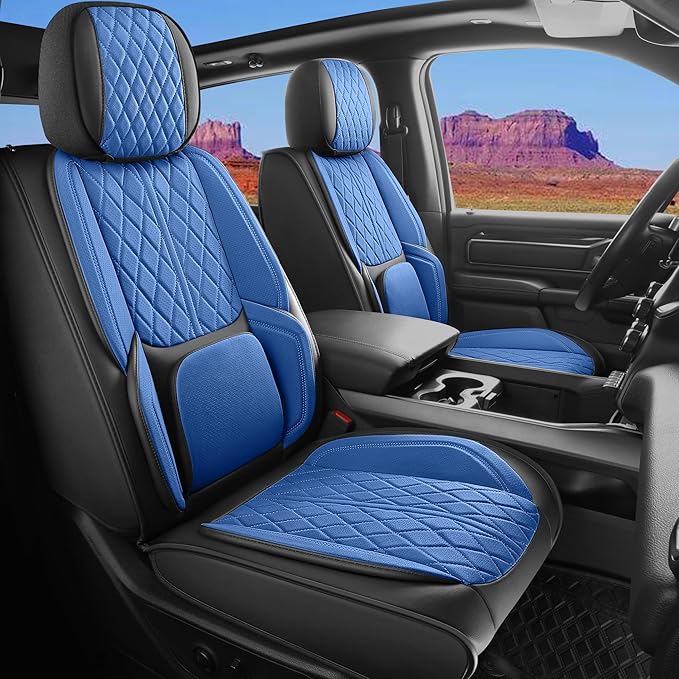 Universal seat Covers Fit for Cars, SUV, Sedans, with Durable and Breathable Leather(Black & Blue, Full Set)