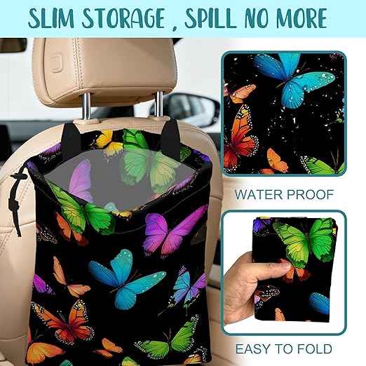 KXWQTRDD Car Garbage Bag Colorful Butterflies Drawstring Car Trash Bag Hanging for Back Seat with Adjustable Buckle Canvas Vehicle Trash Can Easy-to-Install