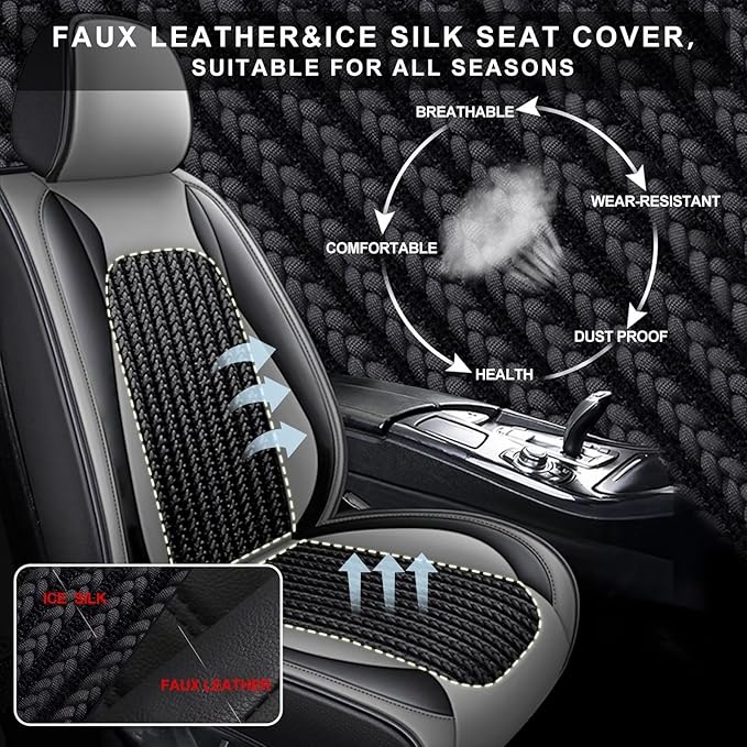 TTX LIGHTING Car Seat Covers fit for Cadillac STS 2013-2018 - Waterproof Leather & Breathable Ice Silk Automotive Seat Protectors (2 Front Seats, Black & Gray)