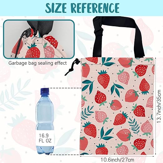 KXWQTRDD Car Garbage Bag Strawberry Berries and Leaves Hanging Canvas Car Trash Bag Waterproof Drawstring Car Back Seat Organizer for Car Back Front Seat Console with Adjustable Buckle