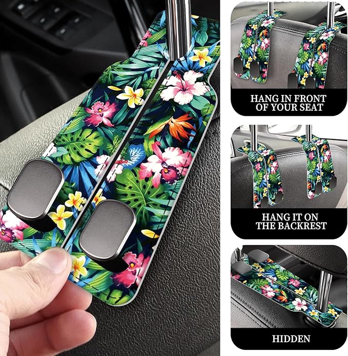 AXRQLSU PU Leather Car Seat Hook, Storage Headrest Hanger, Cute Car Backseat Organizer, Car Hooks for Purses and Bags Tropical Hibiscus Leaves