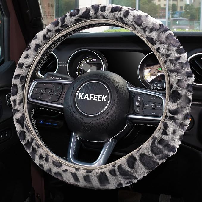 KAFEEK Elastic Long Microfiber Plush Steering Wheel Cover for Winter Warm, Universal 15 inch, Anti-Slip, Odorless, Leopard Gray