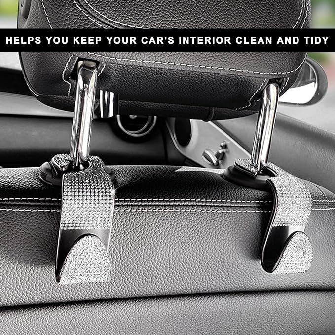 4 PCS Car Seat Headrest Hooks, Bling Crystal Rhinestone Back Seat Hanger Storage Organizer, Sparkly Seatback Holder Hooks for Purse and Bags Universal For Most Vehicles (Silver)