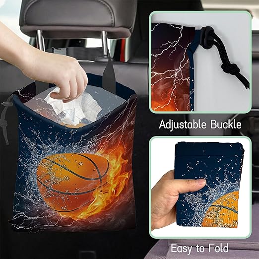 NHNXHWIA Basketball Car Trash Bag,Fire Ball Hanging Drawstring Car Garbage Bag,Waterproof Canvas Car Back Seat Organizer with Adjustable Buckle,for Vehicles,SUVs,Camping,Road Trips