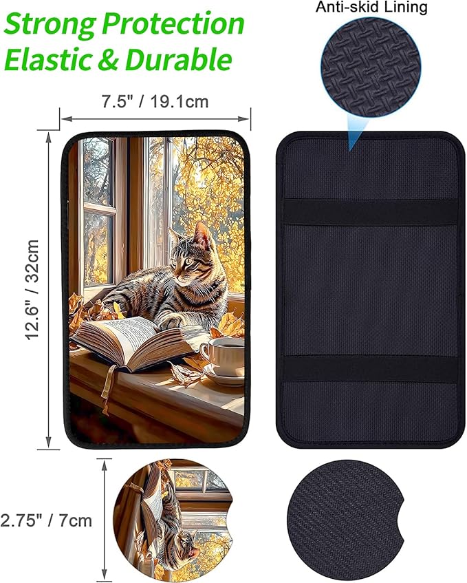JANENFNA Car Armrest Cover Pads Universal Fashion Cute Auto Center Console Armrest Cover Pad with 2PCS Car Coasters Soft Waterproof Car Armrest Seat Protector for Women,Cat Reading by Window