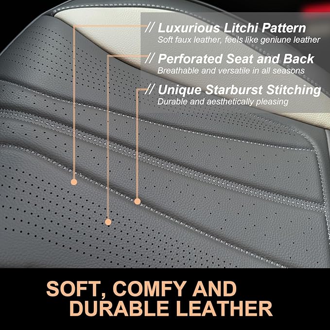 PINCTROT Car Seat Covers Front Set, Breathable Soft Pebbled Leather, Luxury Waterproof Seat Cushion, Airbag Compatible, Seat Protector Universal Fit Most Cars (Front Set, Grey Beige)
