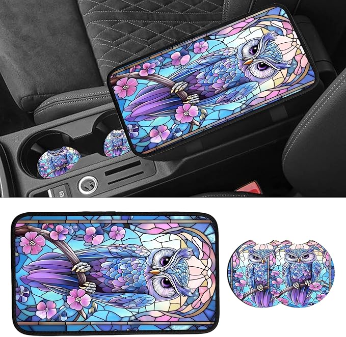 JANENFNA Car Armrest Cover Pads Universal Fashion Cute Auto Center Console Armrest Cover Pad with 2PCS Car Coasters Soft Waterproof Car Armrest Seat Protector for Women,Stained Glass Owl