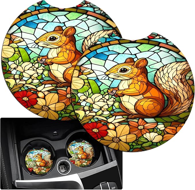 JANENFNA Car Armrest Cover Pads Universal Fashion Cute Auto Center Console Armrest Cover Pad with 2PCS Car Coasters Soft Waterproof Car Armrest Seat Protector for Women,Stained Glass Squirrel