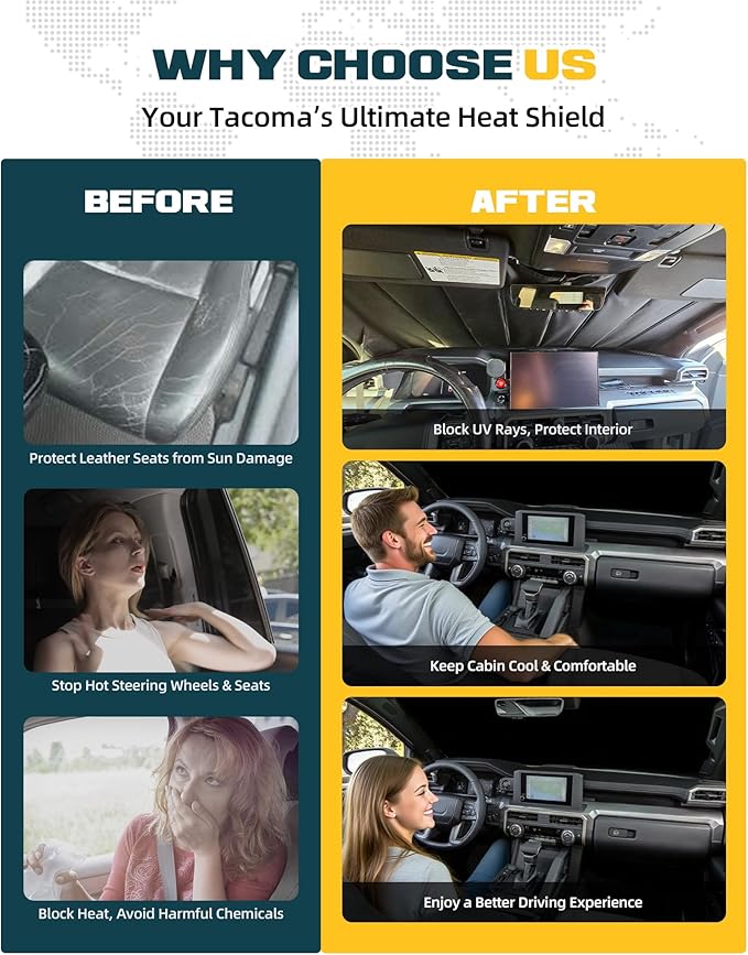 Trumgeta Custom Fit Windshield Sun Shade Fit for Toyota Tacoma 2024 2025 2026, Complete Light & UV Blocking Foldable Sunshade 4th Gen Tacoma Accessories