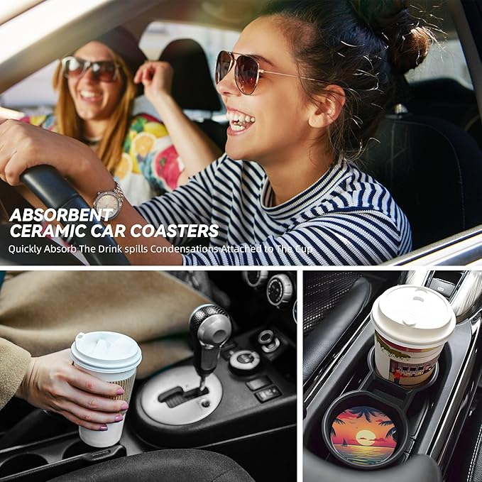 HUWAAI Beach Sunset Palm Trees Car Cup Holder Coasters 2 Pack Universal 2.63 Inch Anti Slip Ceramic Absorbent Coaster with Cork Base and Finger Notch Cute Car Accessories Interior for Women