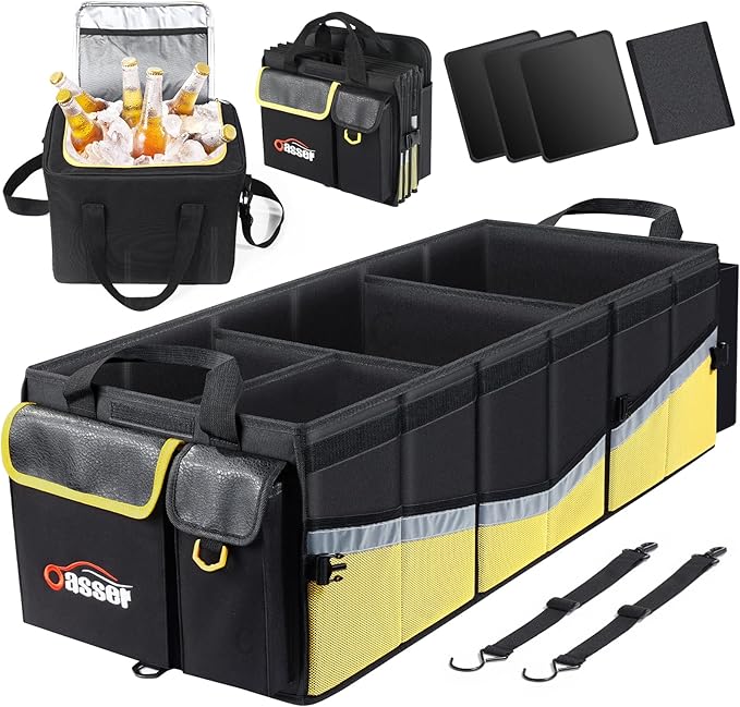 Oasser Trunk Organizer with Cooler Bag 95L, Bearing 110lb No Deformation, Collapsible with Multi Compartments, 20L Removable Insulated Bag, Foldable Lid, Non Slip Bottom, 2 Straps (Black&Yellow)