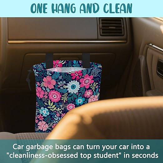 KXWQTRDD Car Garbage Bag Abstract Blue Pink Flowers Hanging Canvas Car Trash Bag Waterproof Drawstring Car Back Seat Organizer for Car Back Front Seat Console with Adjustable Buckle