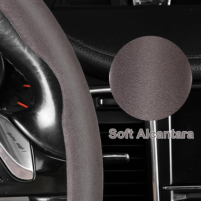 CAR PASS Suede Steering Wheel Cover, Segmented Wheel Protector Non-Slip Sporty Car Accessories Universal Fit D-Shape O-Shape 14.5" to 16" Steering Wheel for Men Women, 2PCS Coffee Gray Suede