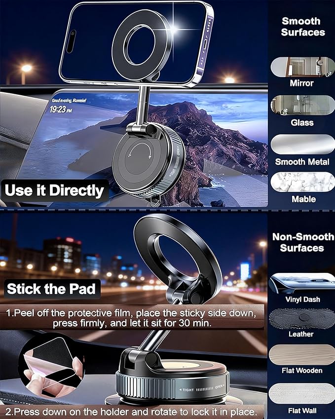 Vacuum Magnetic Phone Holder for Car,2800gf Strong Magnetic Phone Mount,360° Adjustable & Reinforced Suction Cup for Dashboard/Mirror,Car Phone Holder Compatible with iPhone Androi（Deep Black）