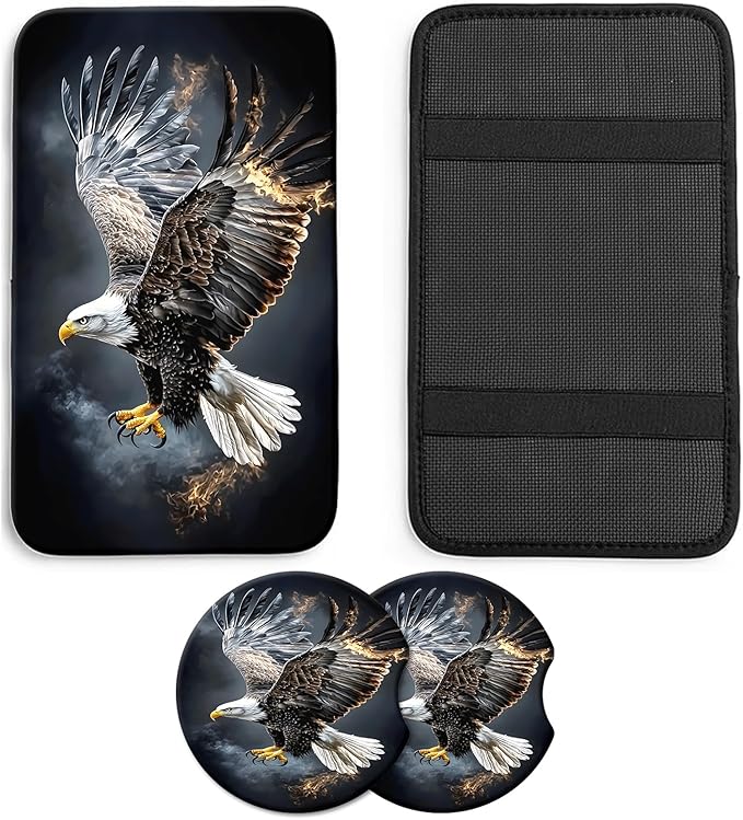 JANENFNA Car Armrest Cover Pads Universal Fashion Cute Auto Center Console Armrest Cover Pad with 2PCS Car Coasters Soft Waterproof Car Armrest Seat Protector for Women,Flaming Eagle