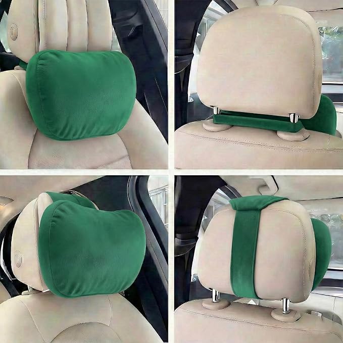 2PCS Car Pillow for Car Neck Pillow for Driving Seat Leather Neck Support Soft Cushion Back Support Head-Rests for Vehicle Sleeping with Elastic Adjustment Strap (Green, Head and Lumbar)