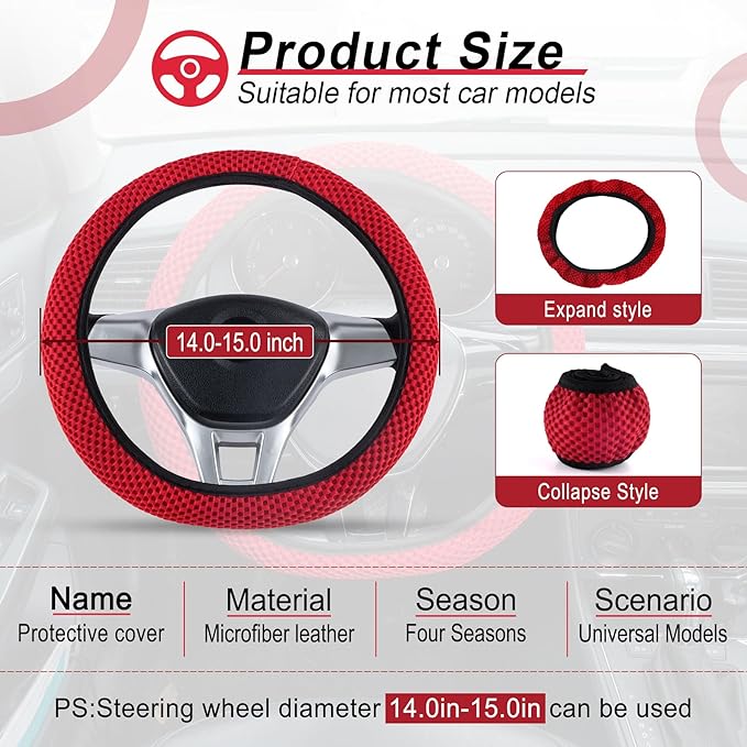 Alpmosn Elastic Stretch Steering Wheel Cover, Universal Interior Accessories Steering Wheel Cover for Women & Men, Breathable Microfiber Ice Silk, Anti-Slip, Odorless, Easy Carry(Red)