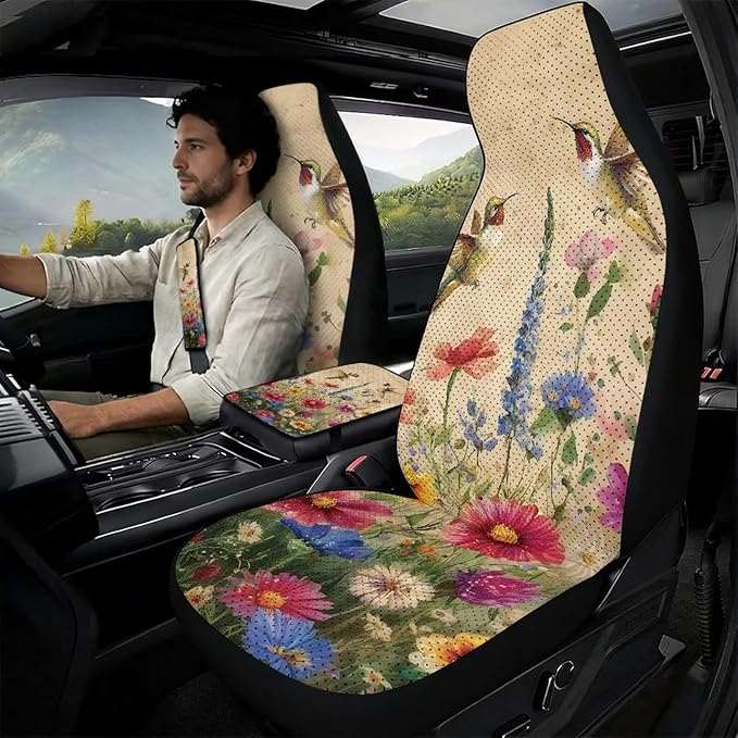 Qeluxign 5 Piece Car Seat Covers Set for Women Men Hummingbird Colorful Floral PU Leather Seat Covers Belt Pads and Armrest Cover Universal Fit Car Accessories