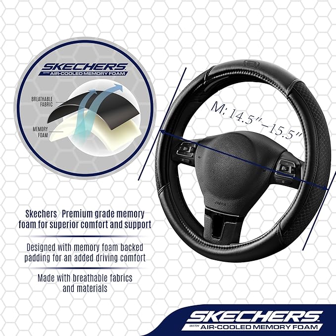 Skechers Air-Cooled Steering Wheel Cover,Leather Car Steering Wheel Cover Universal Fit 14" 1/2-15" Car Wheel Protector for Men Women Fit Suvs,Vans,Sedans,Car,Trucks,Black