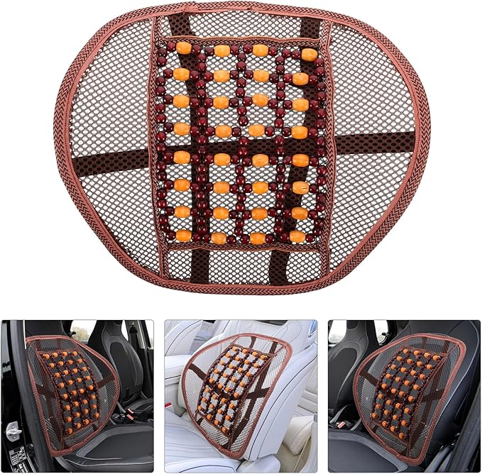 Car Seat Cushion Lumbar Support Pillow with Wood Beads and Ventilated Backrest, Breathable Car Waist Cushion for Driving, Office Chair, and Long Sitting