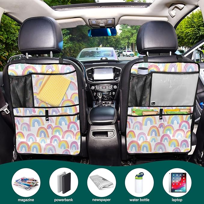 2 Pack Back Seat Car Organizer with Storage Pockets Kick Mats Back Seat Protector Hanging Car Organizer Automotive Seat Back Cover Organizers Gradient Cute Rainbows