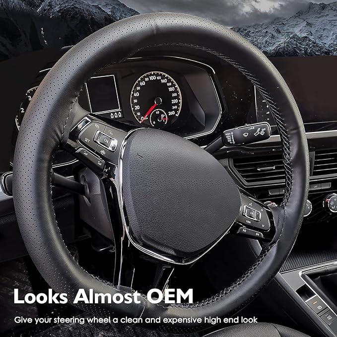 BELINOUS Leather Car Steering Wheel Cover, Stitch On Wrap (Size M4, Black and Red)