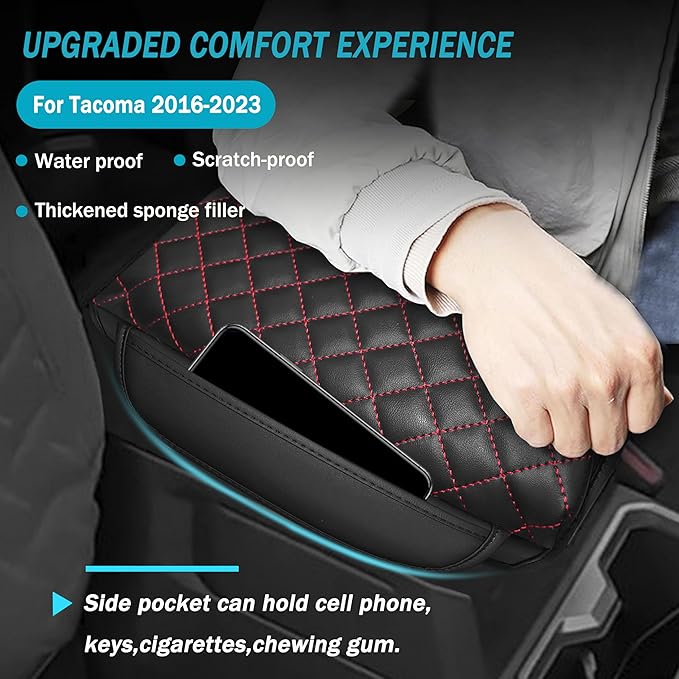 1.2in Thickness Center Console Cover for Tacoma Accessories 2024 2025 2026 Armrest Cover Leather Armrest Box Lid Protector Cushion Pad with Pockets Interior (Red Stitch)