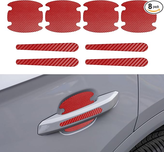 8PCS Car Door Handle Scratch Protectors, Car Door Handle Stickers, Carbon Fiber Texture Anti-Scratches Bowl Sticker, Car Door Handle Paint Guard Cover Universal for Most Car, Truck (Red)