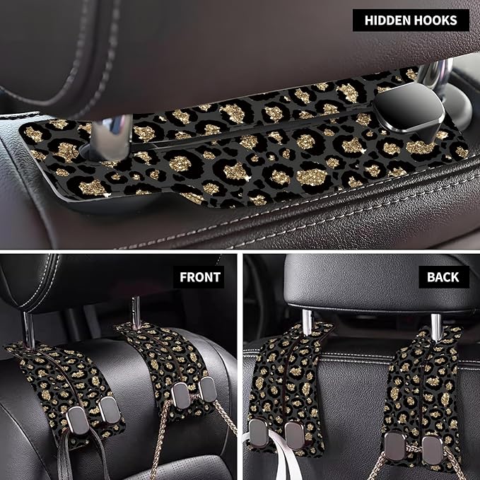 AXBSAKDI Car Seat Back Storage Headrest Hook, Premium Leather Double Metal Hook, Hanger Storage Organizer for Purse Cloth Bag, Car Interior Accessories Glitter Gold Leopard