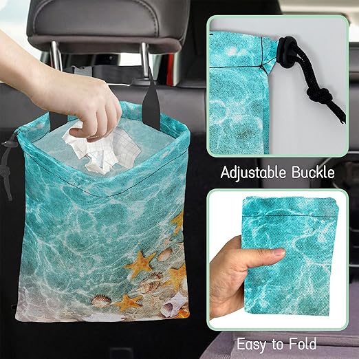 NHNXHWIA Starfish and Seashells Car Garbage Bag,Summer Ocean Waterproof Small Car Trash Bag Hanging Back of Seat,Drawstring Hanging Car Trash Bag with Adjustable Buckle for Car Accessories