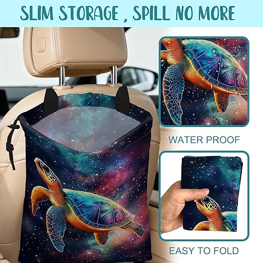 KXWQTRDD Colorful Galaxy Nebula Car Garbage Bag Sea Turtle Drawstring Car Trash Bag Hanging for Back Seat with Adjustable Buckle Canvas Vehicle Trash Can Easy-to-Install